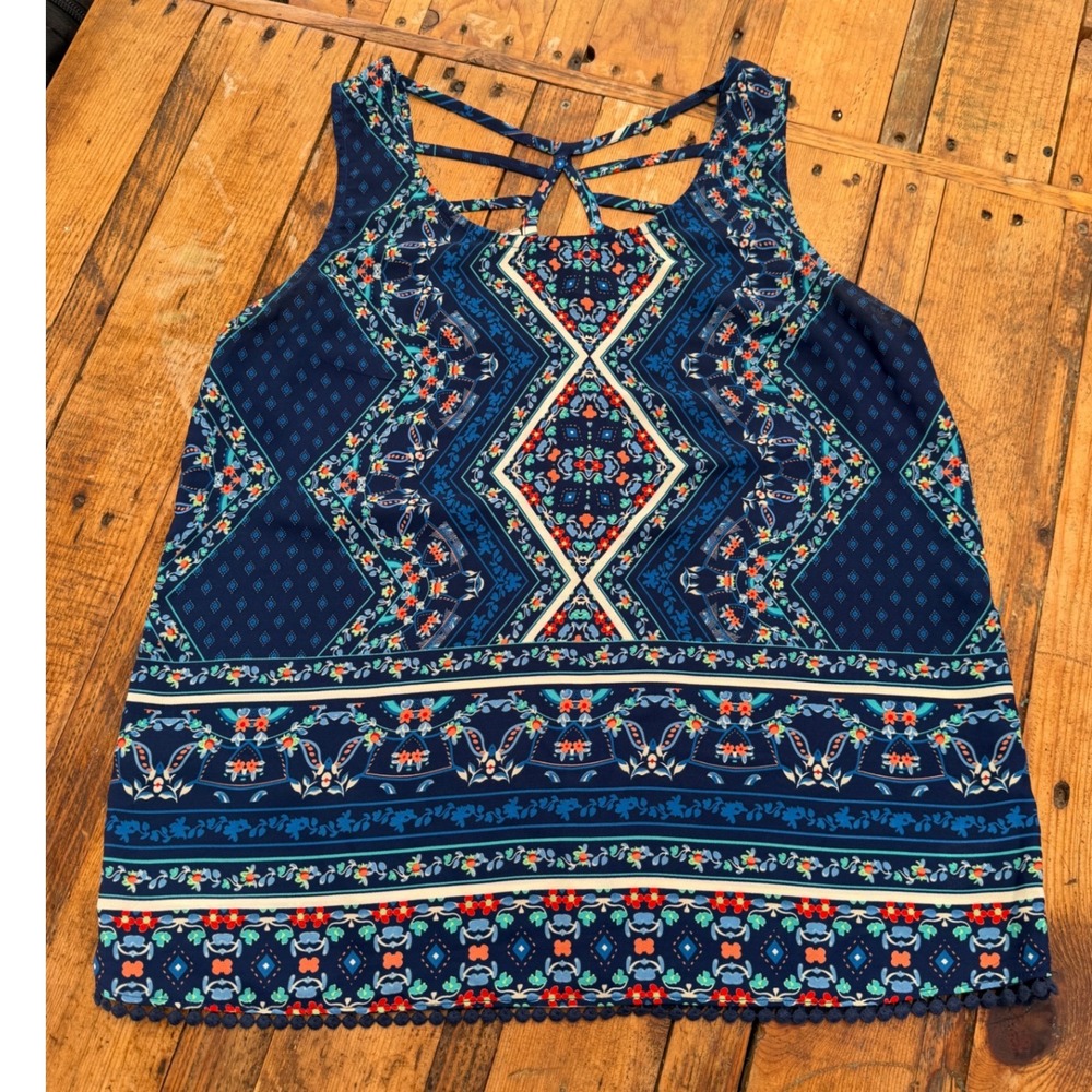Boho Festival Tank Top Womens Large Blue Floral Mandala Strappy